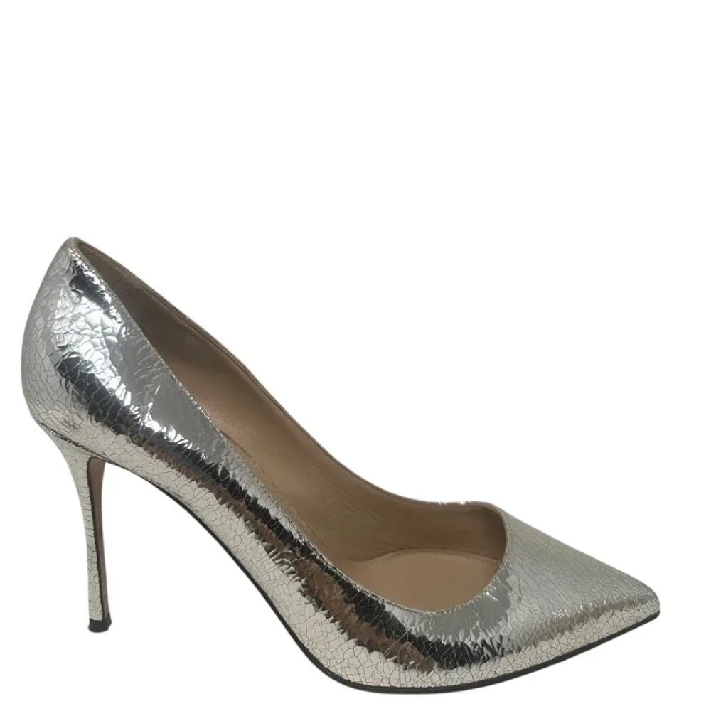 Sergio Rossi Godiva Platinum Mirror Grained Leather Pointed Toe 90mm Pumps 10